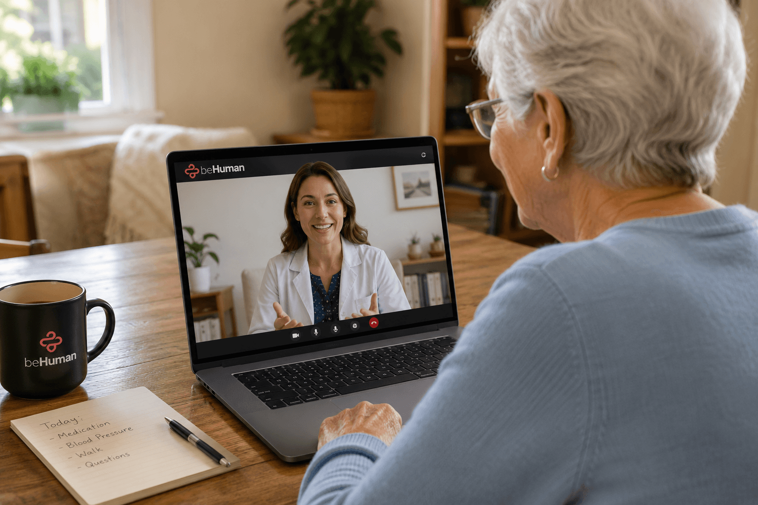 An older woman on a beHuman video visit with a friendly doctor from her own kitchen table.